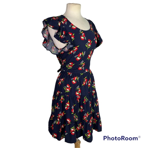 JILL STUART Midnight Navy Blue Red Floral Jacquard Flutter Sleeve Dress Medium - Picture 2 of 10